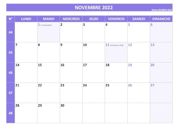 Calendrier du mois de novembre 2022 avec semaines à imprimer.