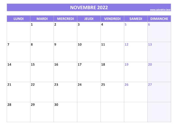 Calendrier du mois de novembre 2022 à imprimer.