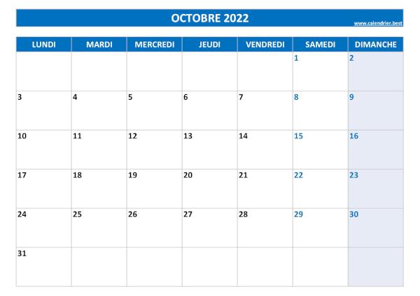 Calendrier du mois d'octobre 2022 à imprimer.