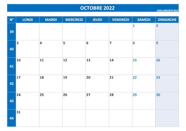 Calendrier du mois d'octobre 2022 avec semaines à imprimer.