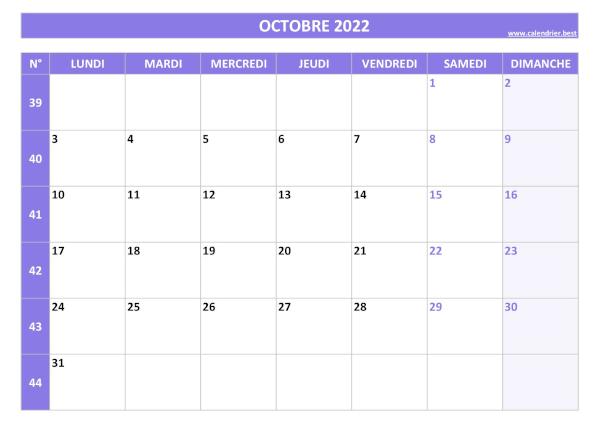 Calendrier Octobre 2022 avec semaines.