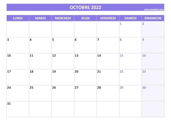 Calendrier Octobre 2022 à imprimer.