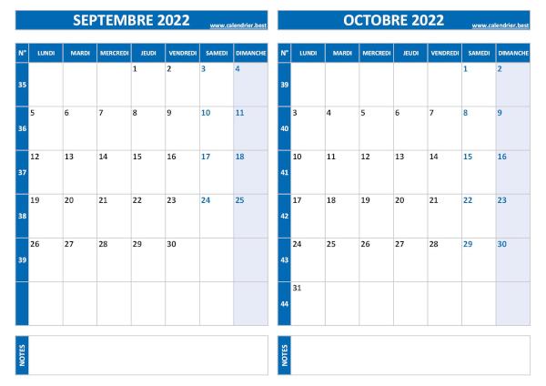 Calendrier de septembre et octobre 2022 à imprimer sur une page au format paysage, template bleu. Calendrier septembre octobre 2022.