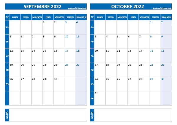 Calendrier septembre octobre 2022.