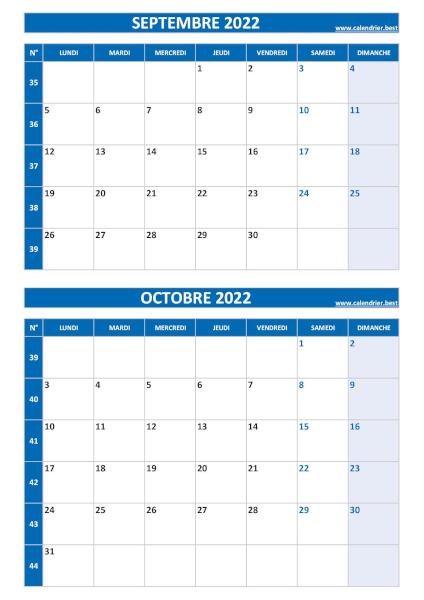 Calendrier des mois de septembre et octobre 2022 à imprimer ssur une page au format portrait, template bleu. Calendrier septembre octobre 2022, portrait, bleu.
