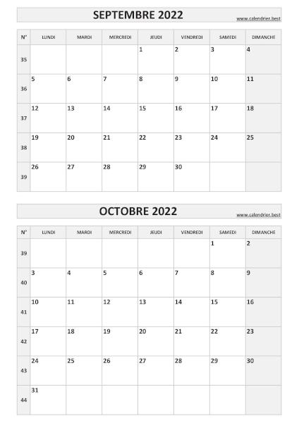 Calendrier des mois de septembre et octobre 2022 à imprimer sur une page au format portrait, template gris. Calendrier septembre octobre 2022, portrait, gris.
