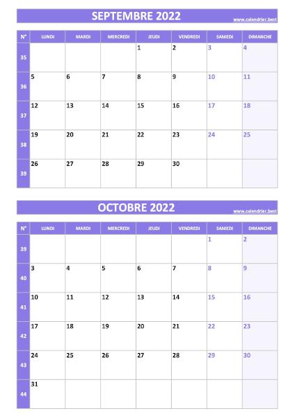 Calendrier septembre octobre 2022, portrait, violet.