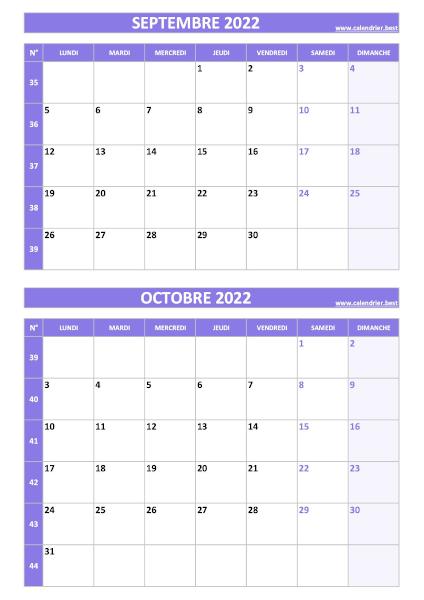 Calendrier des mois de septembre et octobre 2022 à imprimer sur une page au format portrait, template violet. Calendrier septembre octobre 2022, portrait, violet.