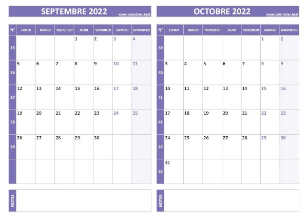 Calendrier septembre octobre 2022.