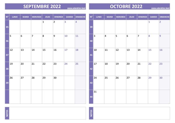 Calendrier de septembre et octobre 2022 à imprimer sur une page au format paysage, template violet. Calendrier septembre octobre 2022.