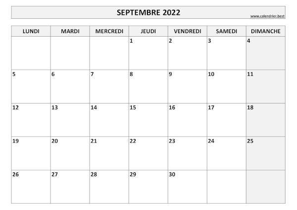 Calendrier du mois de septembre 2022 à imprimer.