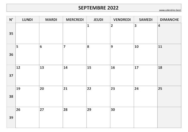 Calendrier du mois de septembre 2022 avec semaines à imprimer.