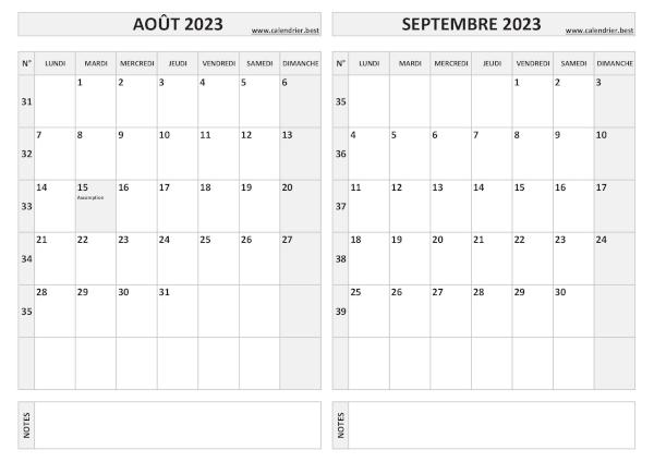 Calendrier août septembre 2023.