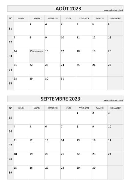 Calendrier août septembre 2023, portrait, gris.