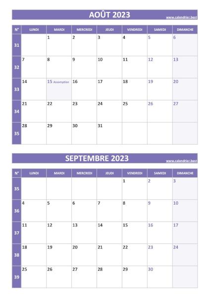 Calendrier août septembre 2023, portrait, violet.