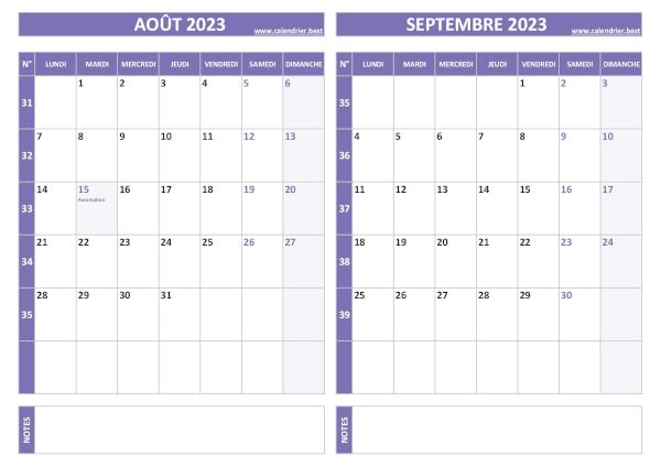 Calendrier août septembre 2023.