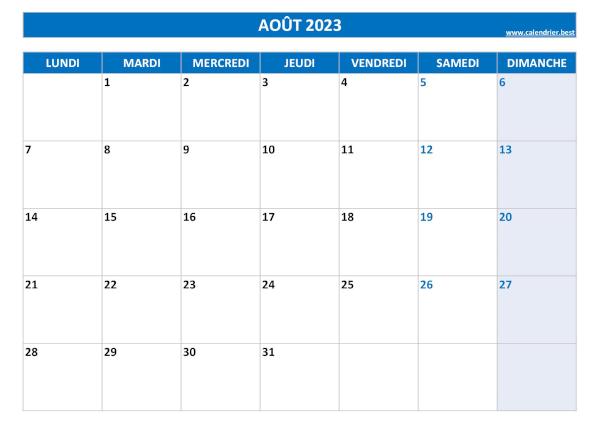 Calendrier Août 2023 à imprimer.