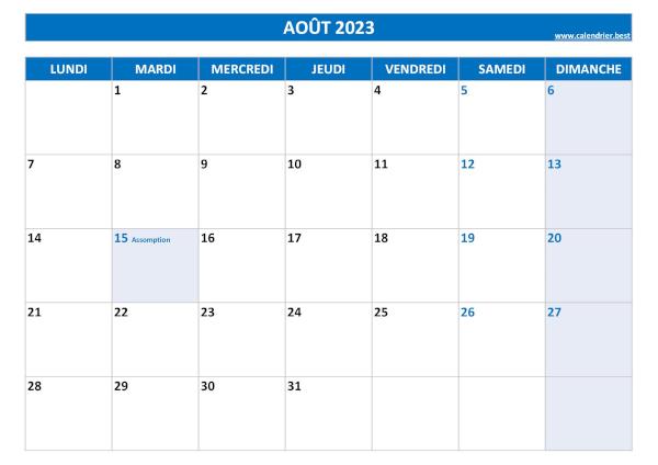 Calendrier Août 2023 à imprimer avec jours fériés.