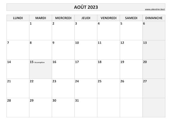 Calendrier Août 2023 à imprimer avec jours fériés.