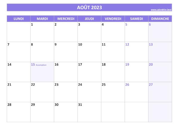 Calendrier du mois d'Août 2023 avec jours fériés à imprimer.