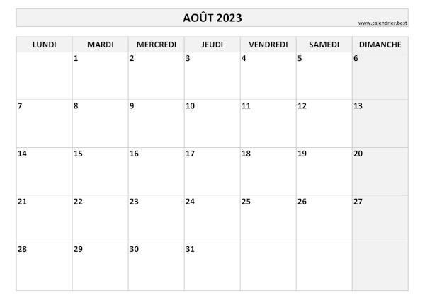 Calendrier Août 2023 à imprimer.