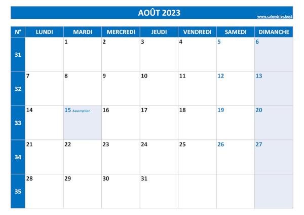 Calendrier août 2023 avec semaines.