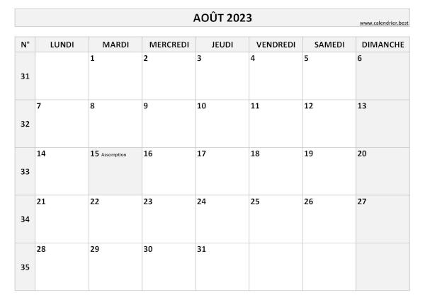 Calendrier août 2023 avec numéros de semaine et jours fériés.