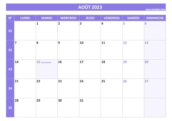 Calendrier du mois d'Août 2023 avec semaines à imprimer.