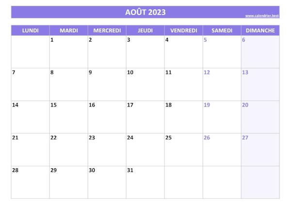 Calendrier du mois d'Août 2023 à imprimer.