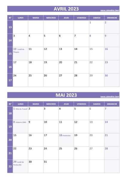 Calendrier avril mai 2023, portrait, violet.