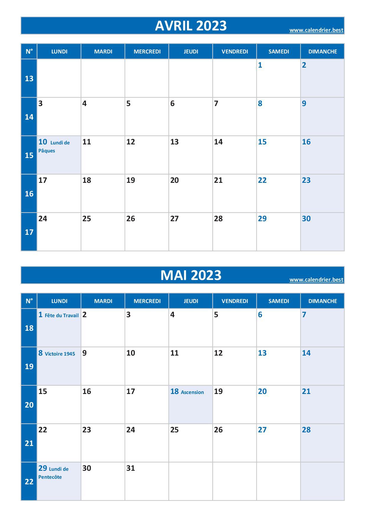 Calendrier Avril Et Mai 2023 à Imprimer Calendrierbest