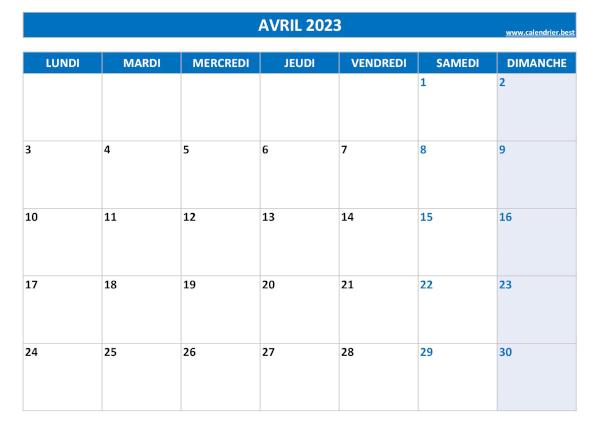 Calendrier du mois d'avril 2023 à imprimer.