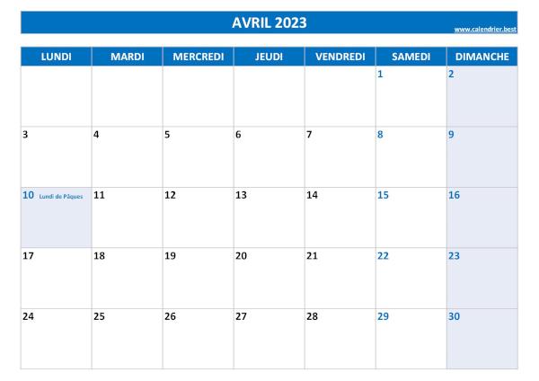 Calendrier Avril 2023 à imprimer avec jours fériés.