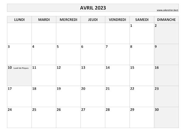 Calendrier Avril 2023 à imprimer avec jours fériés.