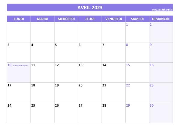 Calendrier du mois d'avril 2023 avec jours fériés à imprimer.
