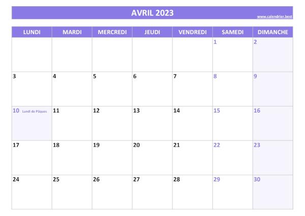 Calendrier Avril 2023 à imprimer avec jours fériés.