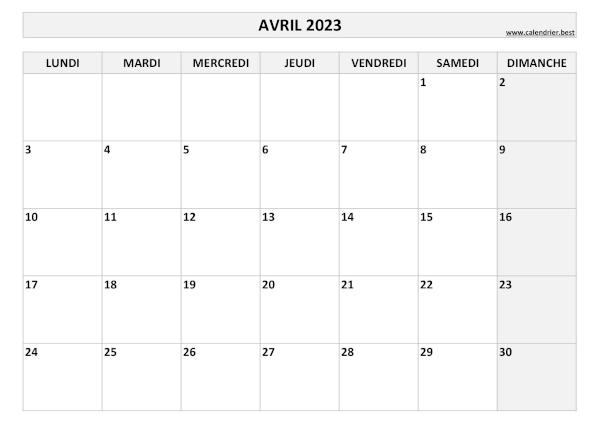 Calendrier Avril 2023 à imprimer.