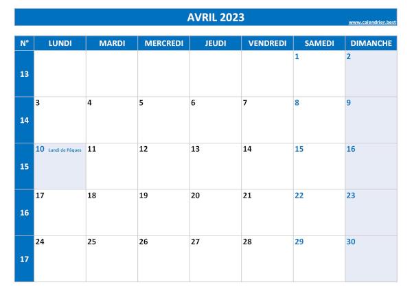 Calendrier du mois d'avril 2023 avec semaines à imprimer.
