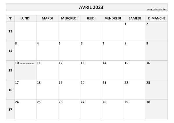 Calendrier avril 2023 avec numéros de semaine et jours fériés.