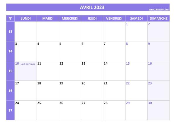 Calendrier Avril 2023 avec semaines.