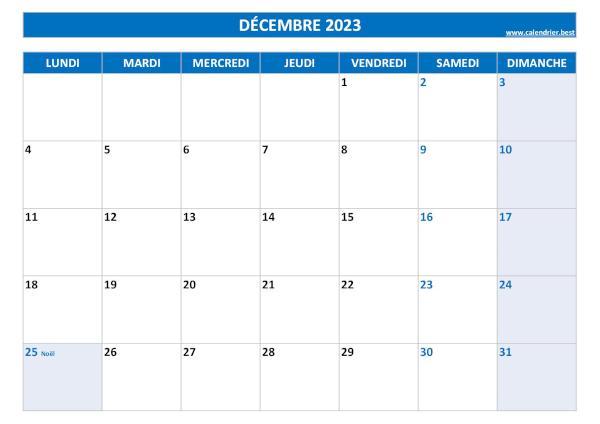 Calendrier Décembre 2023 à imprimer avec jours fériés.