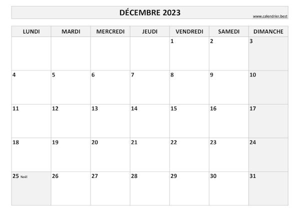 Calendrier Décembre 2023 à imprimer avec jours fériés.