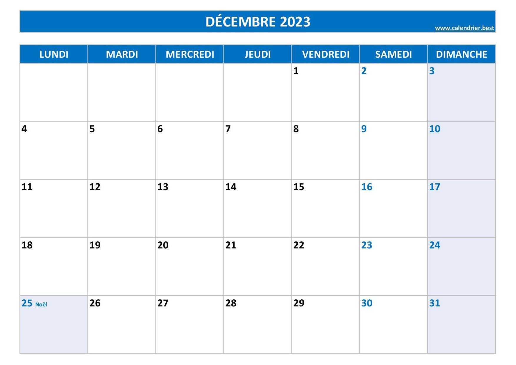 Calendrier 2023 mensuel à imprimer