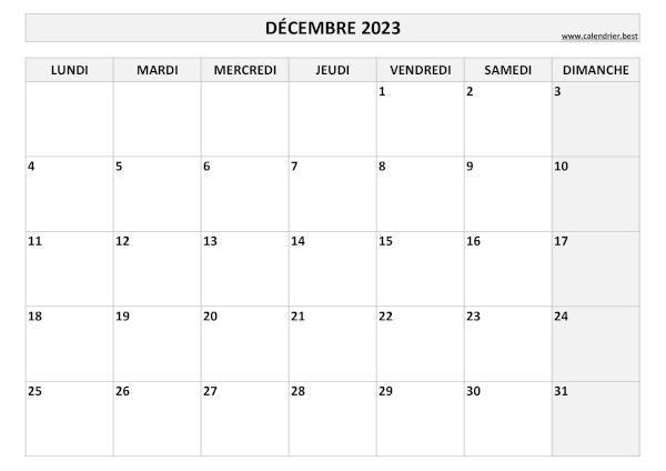 Calendrier du mois de décembre 2023 à imprimer.