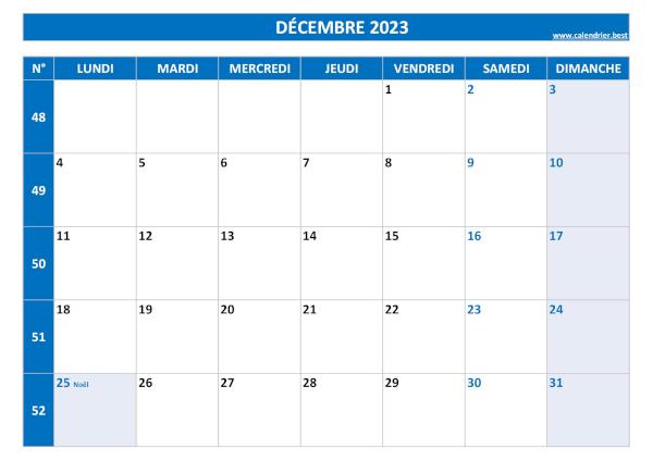 Calendrier décembre 2023 avec semaines.