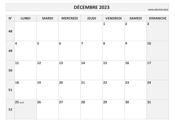 Calendrier décembre 2023 avec numéros de semaine et jours fériés.