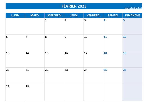 Calendrier février 2023 à imprimer.