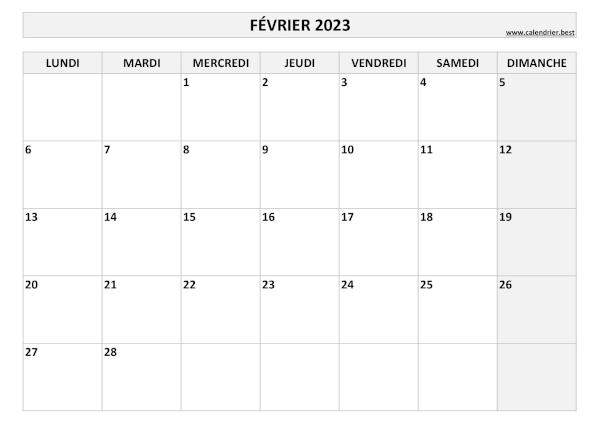 Calendrier février 2023 à imprimer.