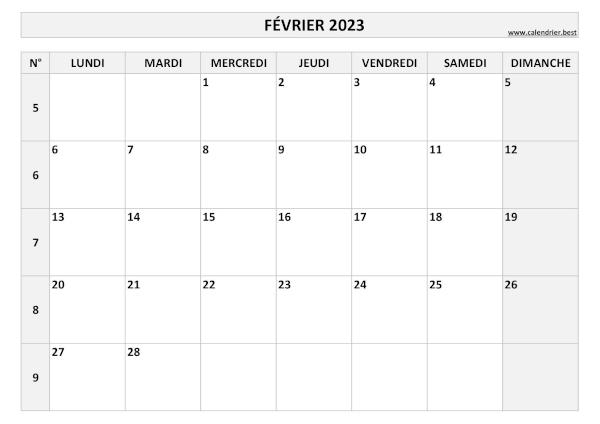 Calendrier février 2023 avec numéros de semaine et jours fériés.