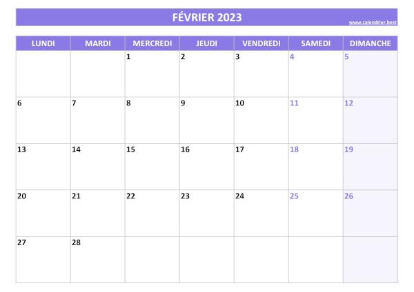 Calendrier février 2023 à imprimer.